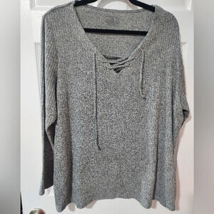 Lane Bryant Light Gray Knit Lace Up Tie Front Long Sleeve Sweater in Size 18/20